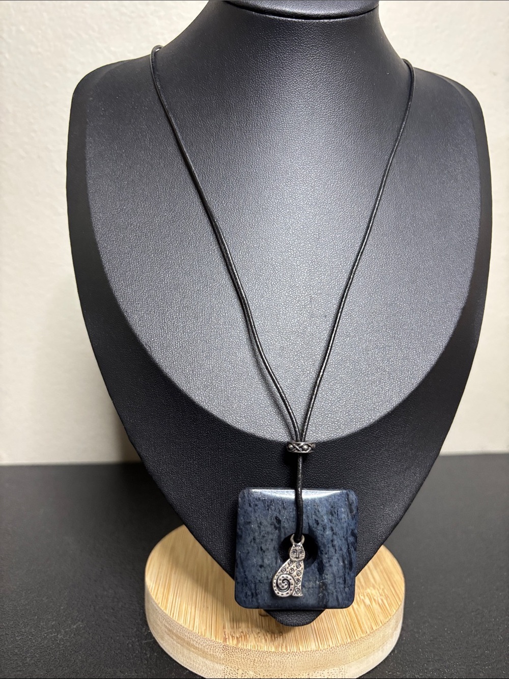 Square Blue Stone Leather Adjustable Necklace with Silver Cat Charm